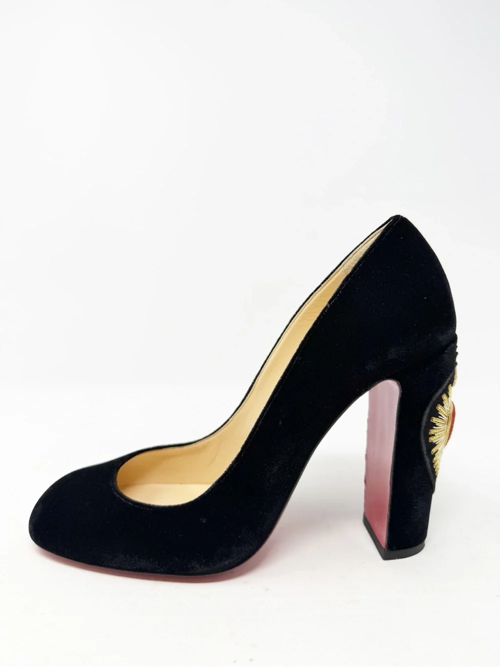 Christian Louboutin Cadrilla Corazon Velvet Block Heel Pumps Womens Size EU 39